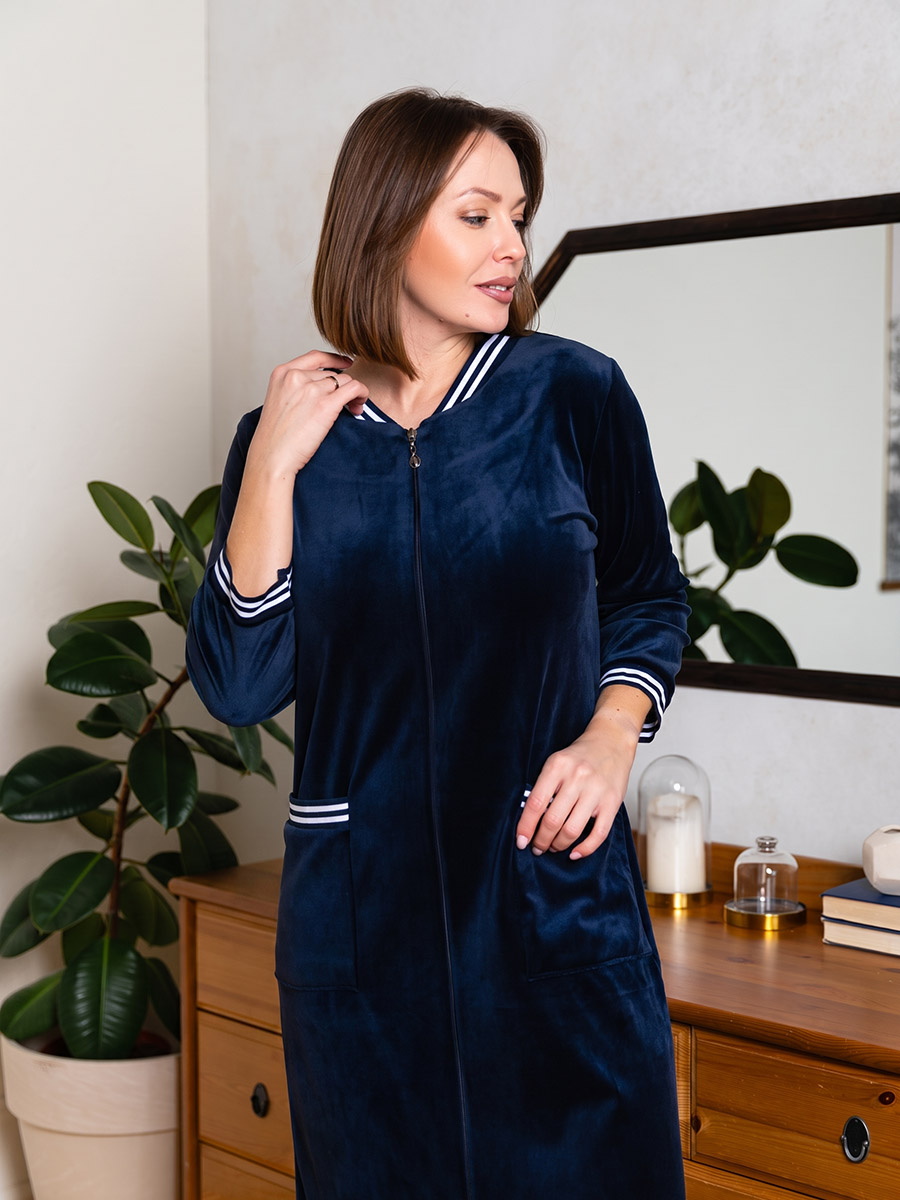 Халат женский домашний на молнии велюровый с лампасом темно-синий
